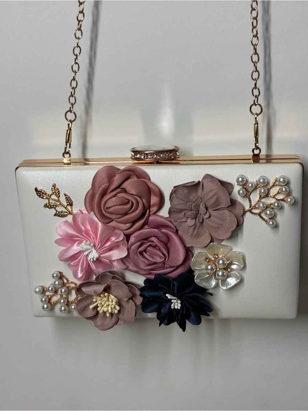 White Floral Applique Evening Clutch with Mixed Flower Accents - Picture 2 of 8